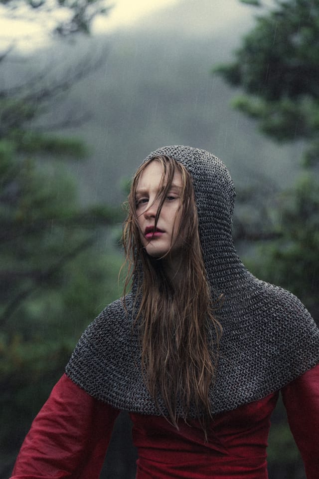 Two motion-softened views of a chainmail-clad woman merging in the forest