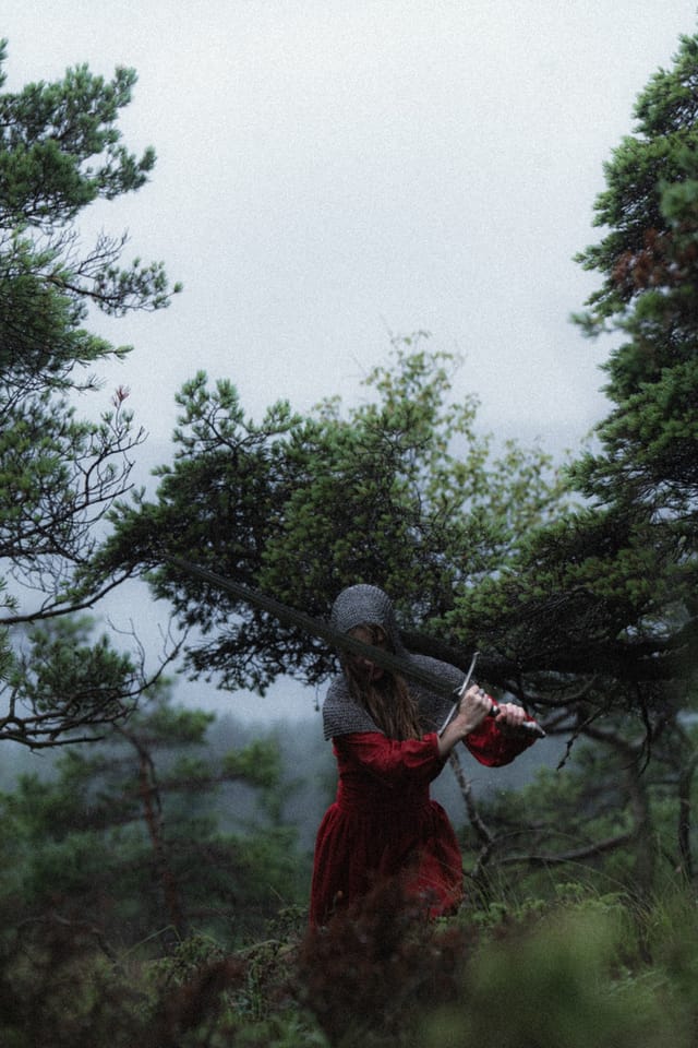 A distant chainmail-clad figure resting both hands on an upright sword