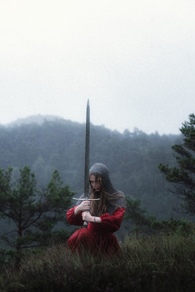 A close portrait beneath chainmail with wet hair beside a vertical blade