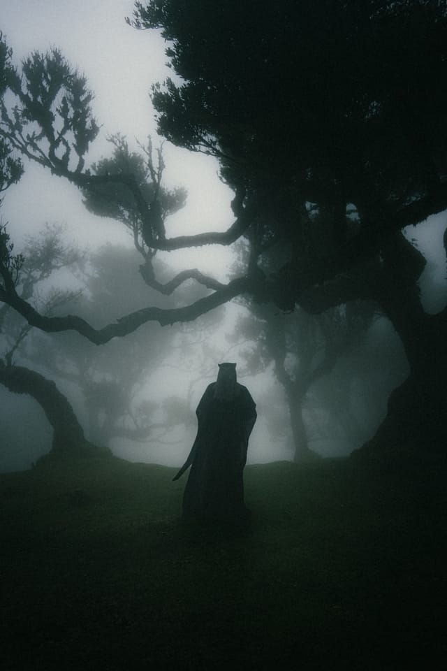 A black-cloaked figure with a woven headdress standing beneath twisted laurel branches in fog