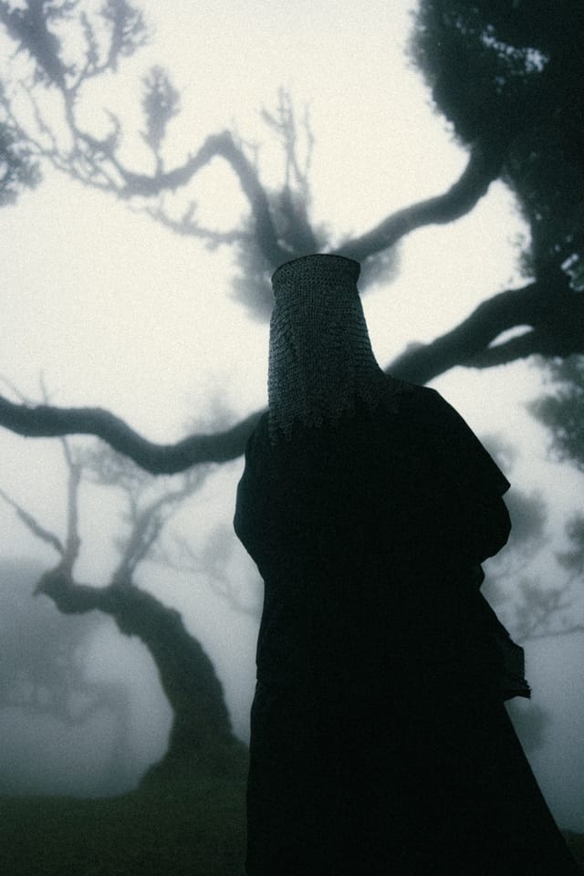 A silhouetted cloaked figure wearing a tall woven headdress beneath an arch of ancient trees