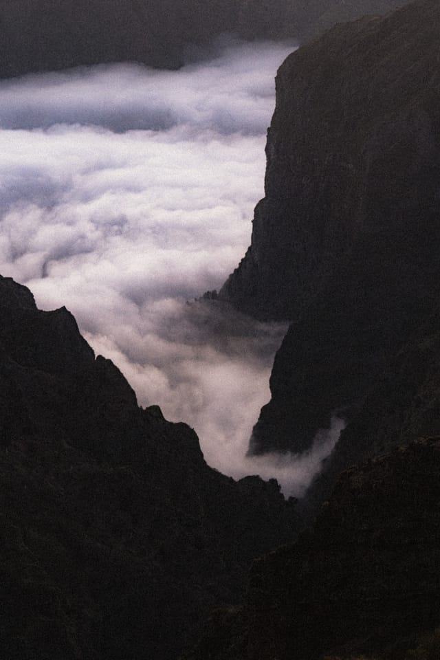 Mörka klippor på Madeira reser sig över ett molnhav under en dämpad violett himmel