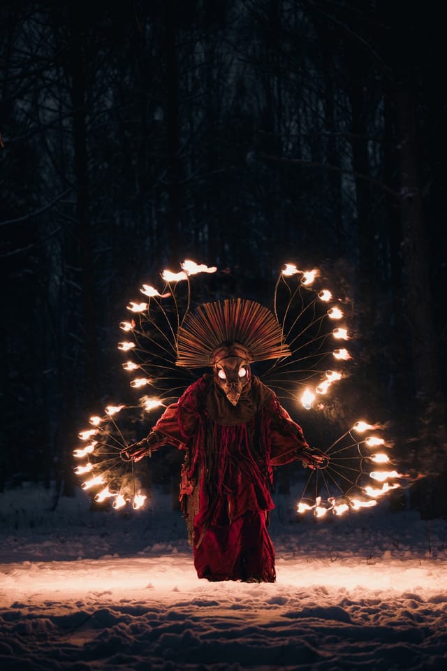 Fire Bird costume portrait in a winter landscape, selected work number 16