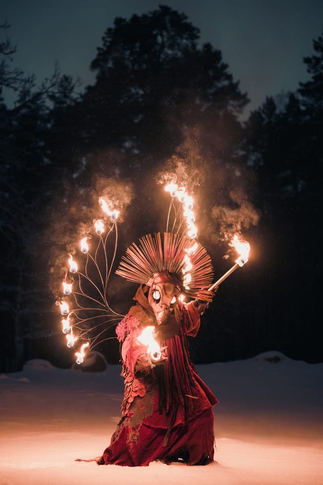 Fire Bird costume portrait in a winter landscape, selected work number 19