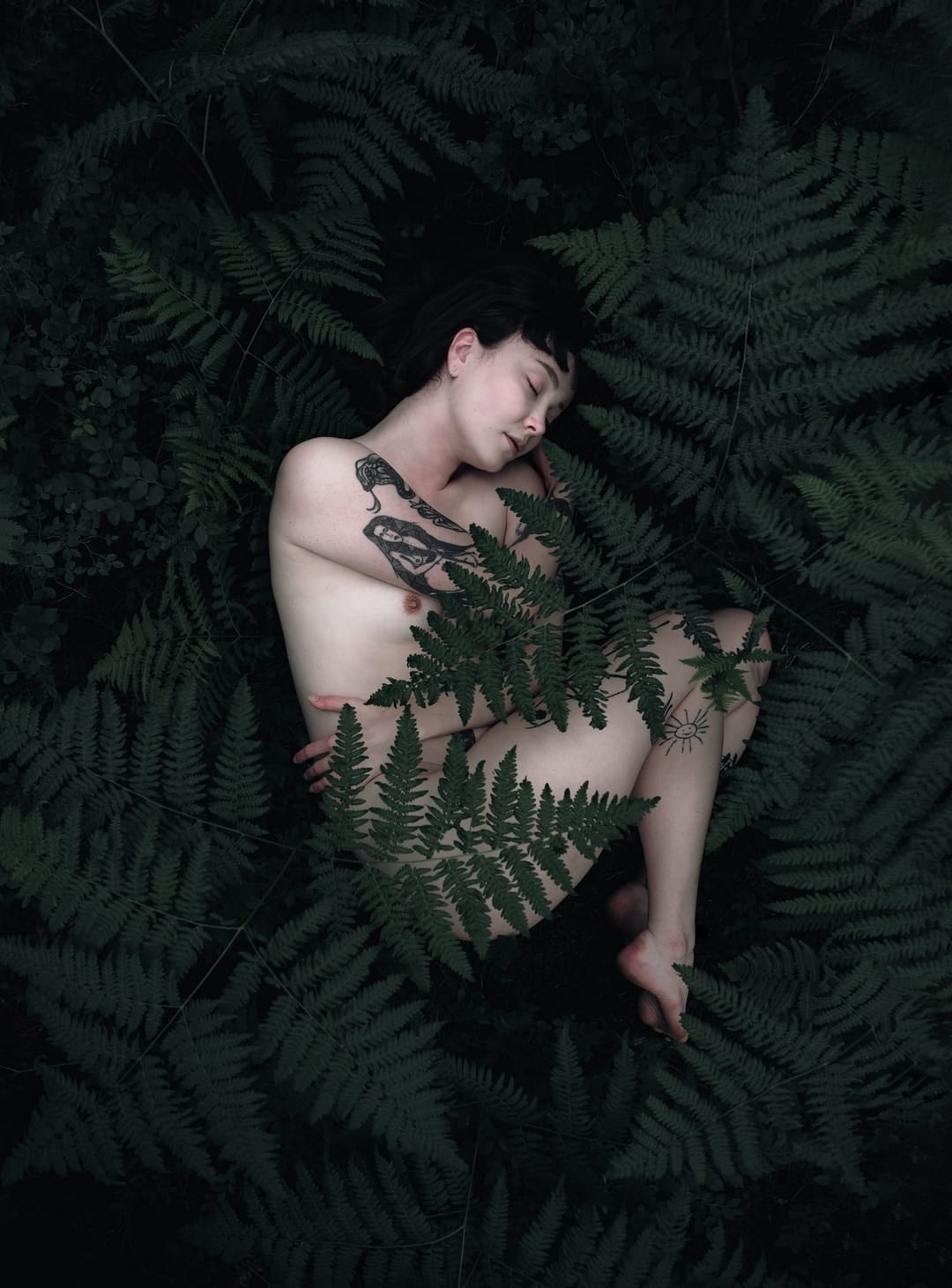 A resting body held among ferns and the forest floor, catalog number 5, from the Fernbed Body series