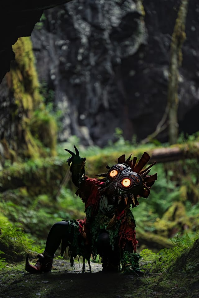 Skull Kid costume portrait among woodland shadows, selected work number 2
