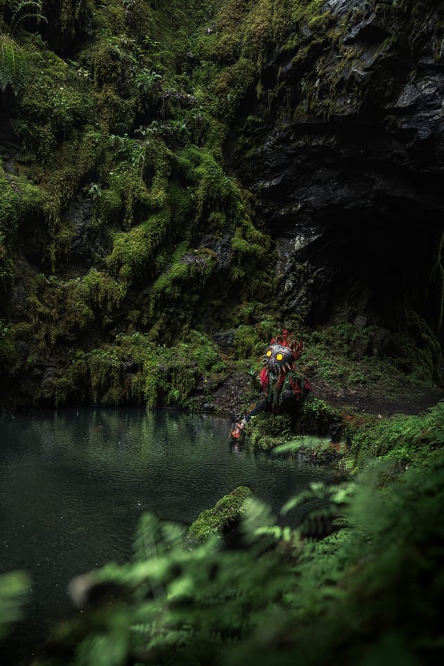 Skull Kid costume portrait among woodland shadows, selected work number 3