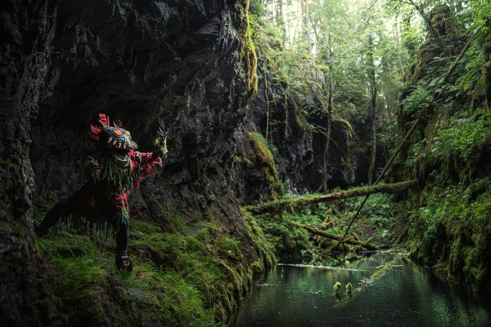 Skull Kid costume portrait among woodland shadows, selected work number 5