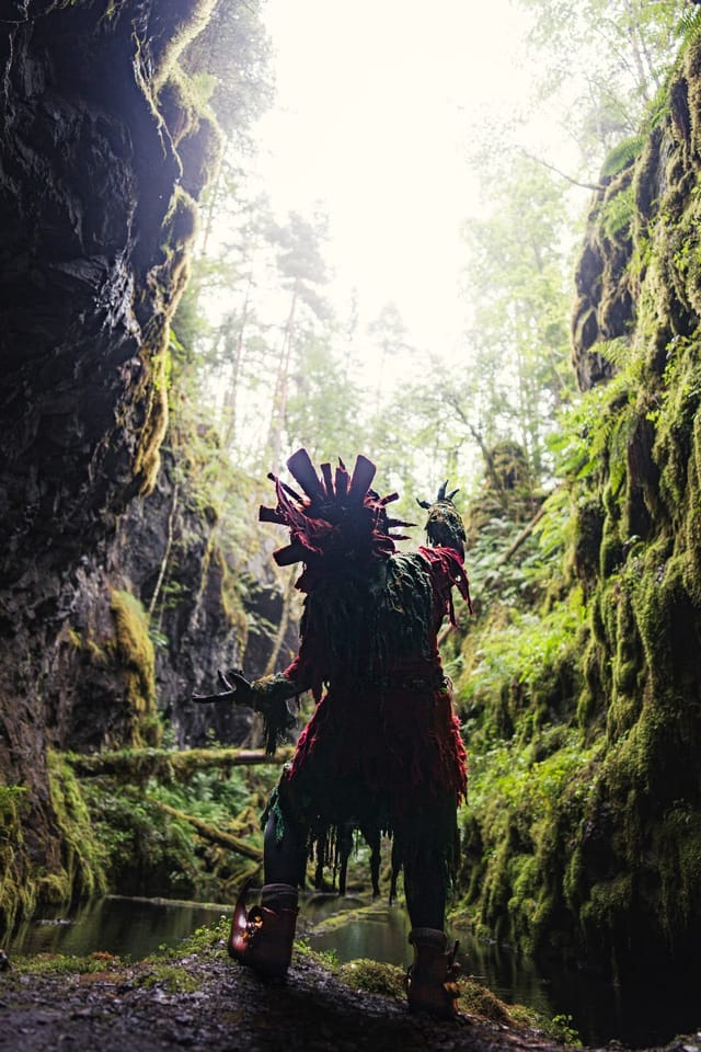 Skull Kid costume portrait among woodland shadows, selected work number 6